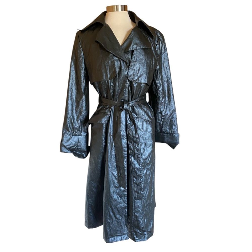 Lafayette 148 Metallic Liquid Gloss Trench Coat Belted Blue Gray Size 8